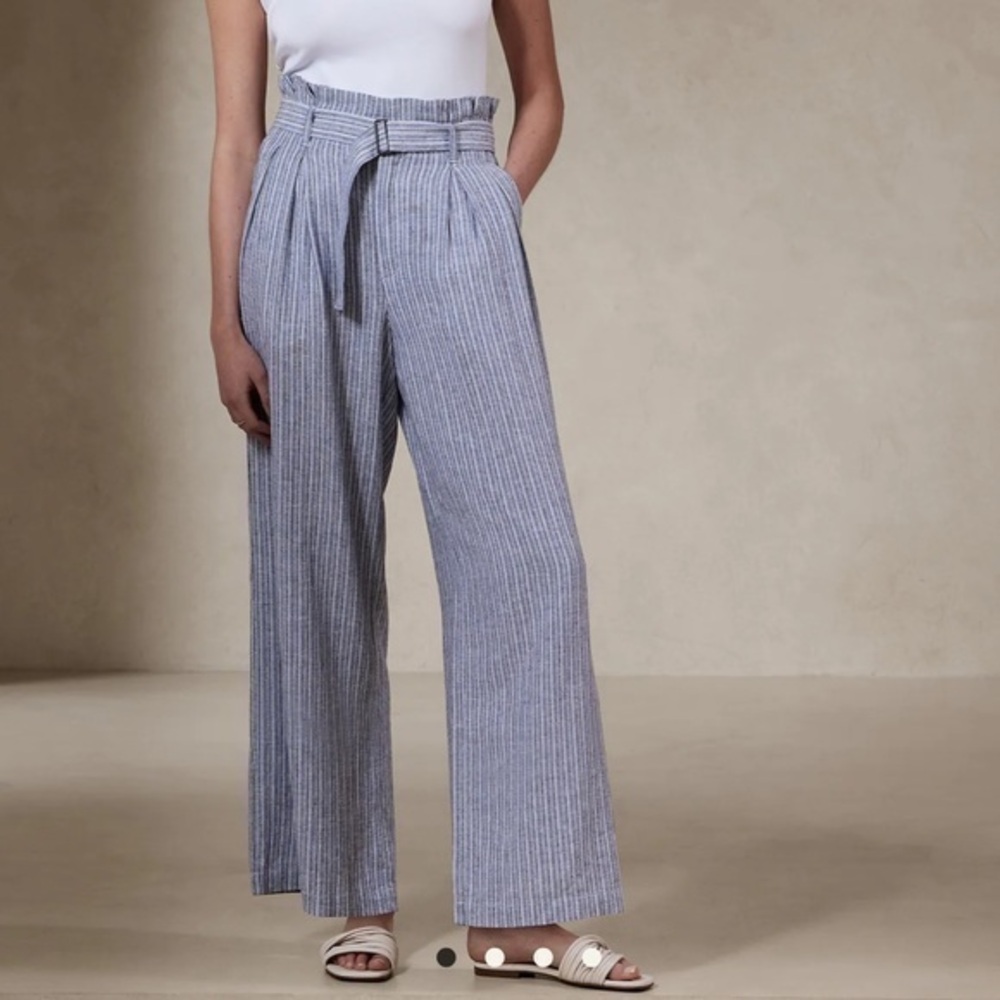 Linen Paper Bag Pant Blue Stripe Pockets Banana Republic Belted Women’s 10